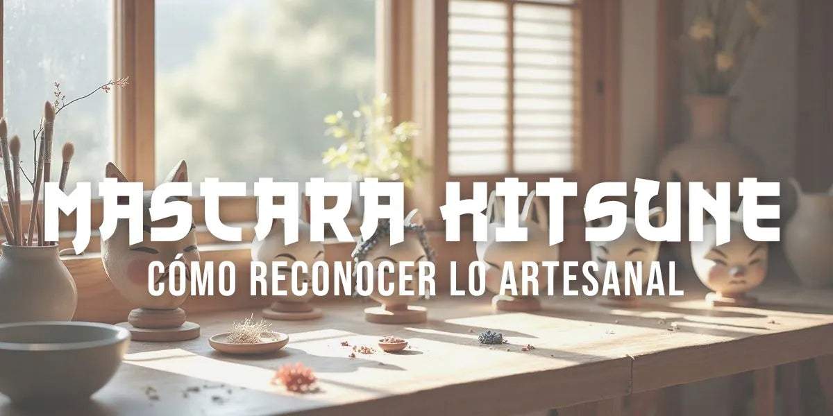 Taller japonés con máscaras kitsune artesanales en distintas etapas de pintura a mano
