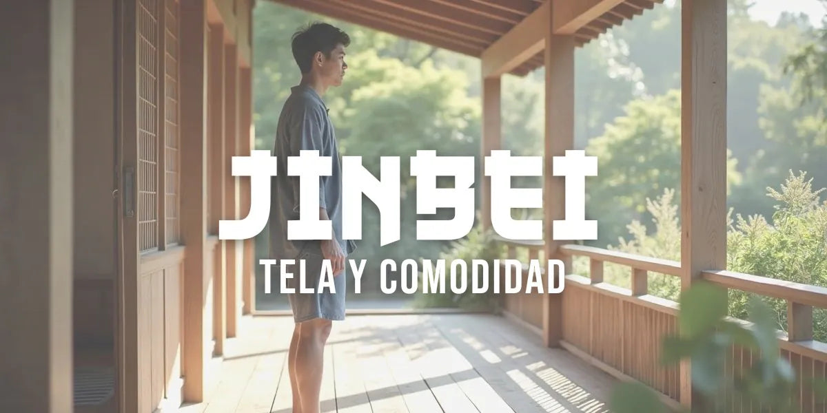 Hombre adulto con jinbei de algodón índigo en una veranda de madera a plena luz de la mañana