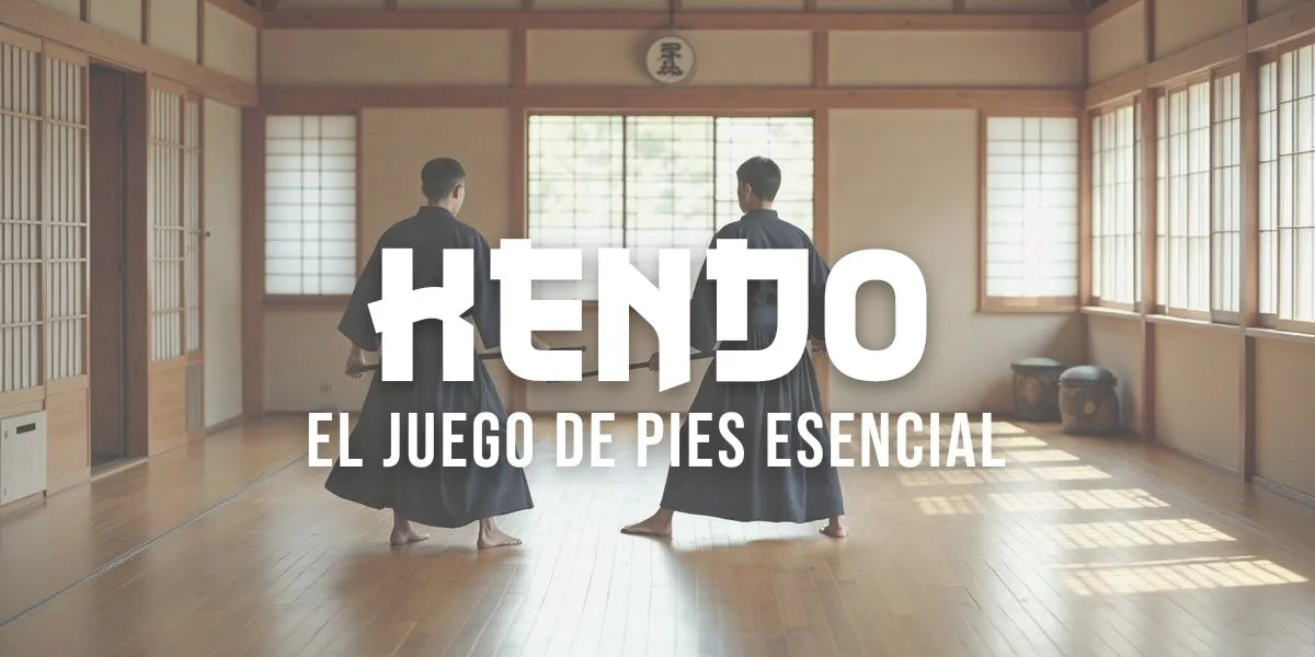 Dos kendokas con hakama y shinai practican desplazamientos de pies en un dojo iluminado