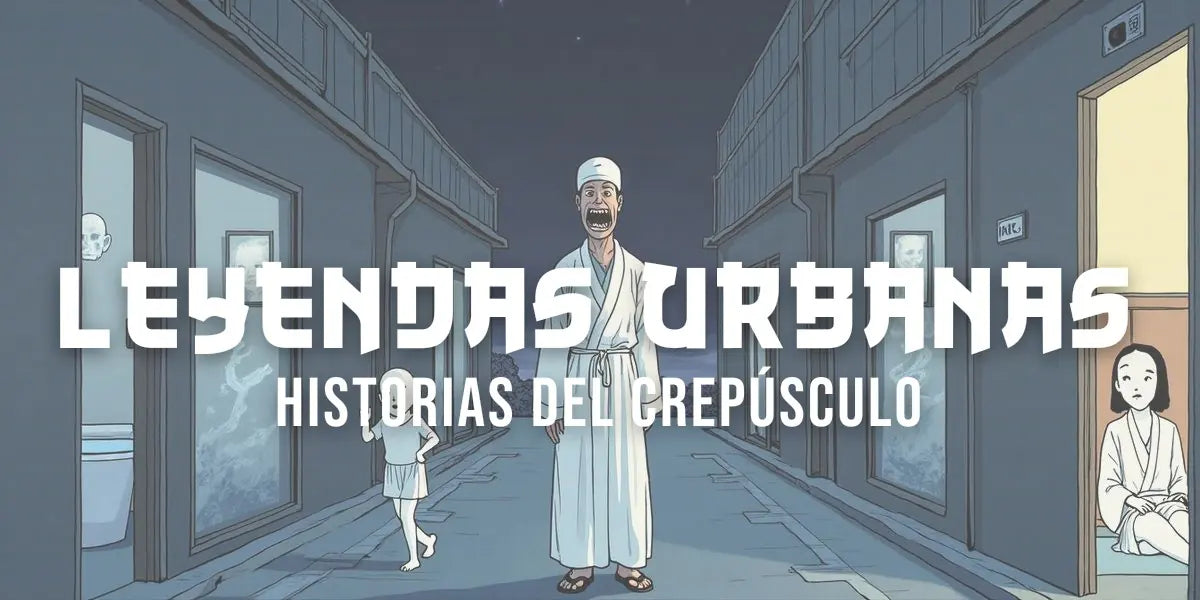 Estampa sumi-e mostrando las cuatro leyendas urbanas japonesas: Kuchisake-Onna y los yokais espectrales del crepúsculo
