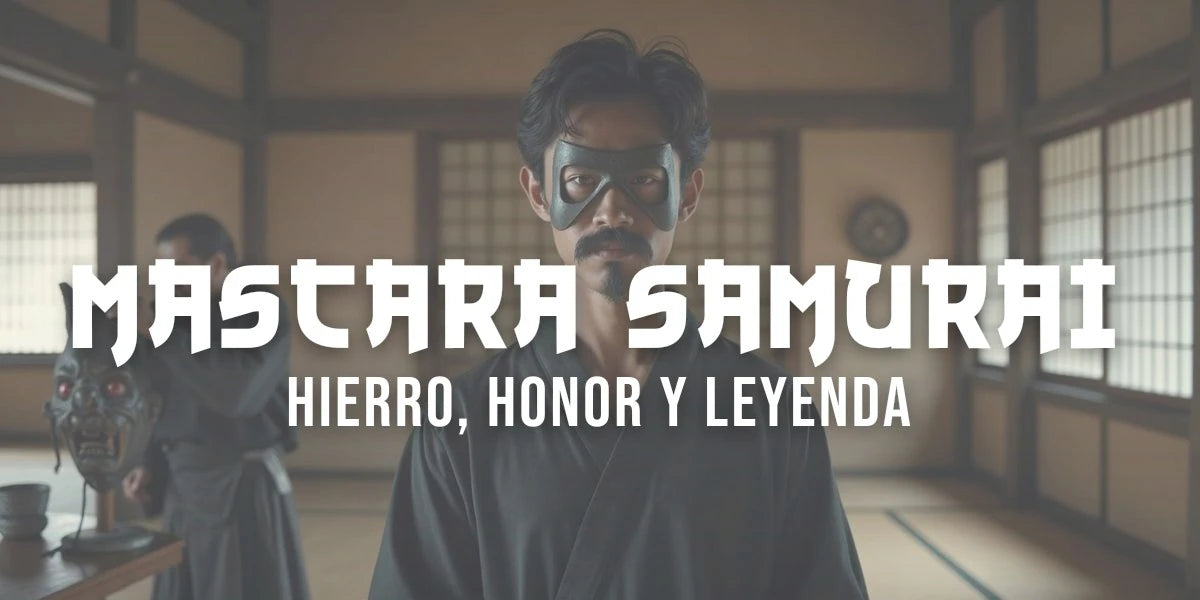 Hombre con máscara samurái menpo de aspecto metálico y bigote en un dojo iluminado con luz tenue
