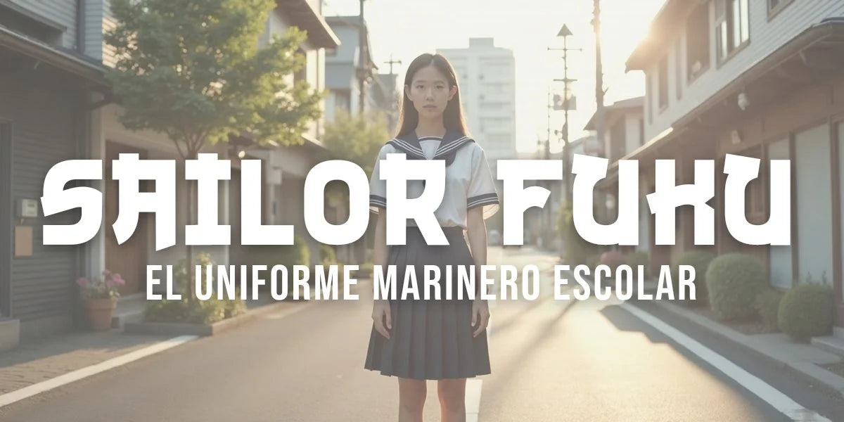 Adolescente con sailor fuku en calle de Tokio al atardecer, arquitectura tradicional y moderna de fondo.
