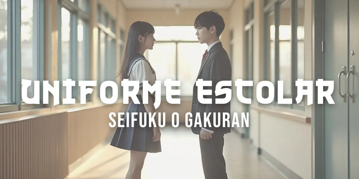 Dos estudiantes en uniforme sailor fuku y gakuran frente a frente en corredor escolar con luz matutina