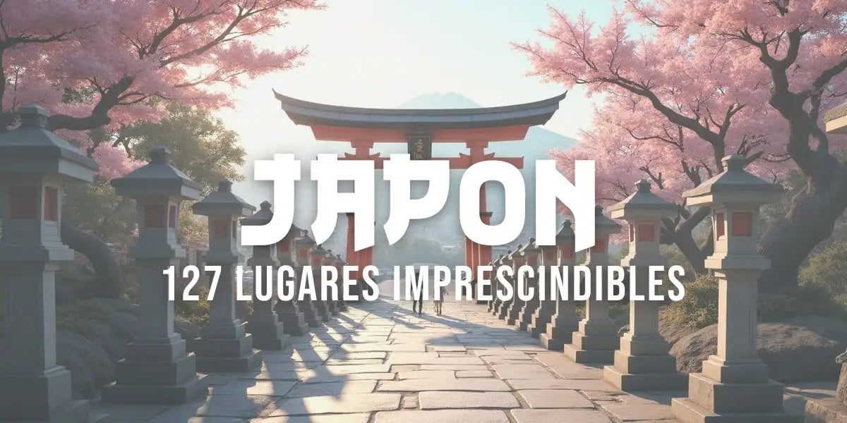 Camino de linternas de piedra hacia un torii rojo, con tejados de templo, la ciudad y el monte Fuji al fondo