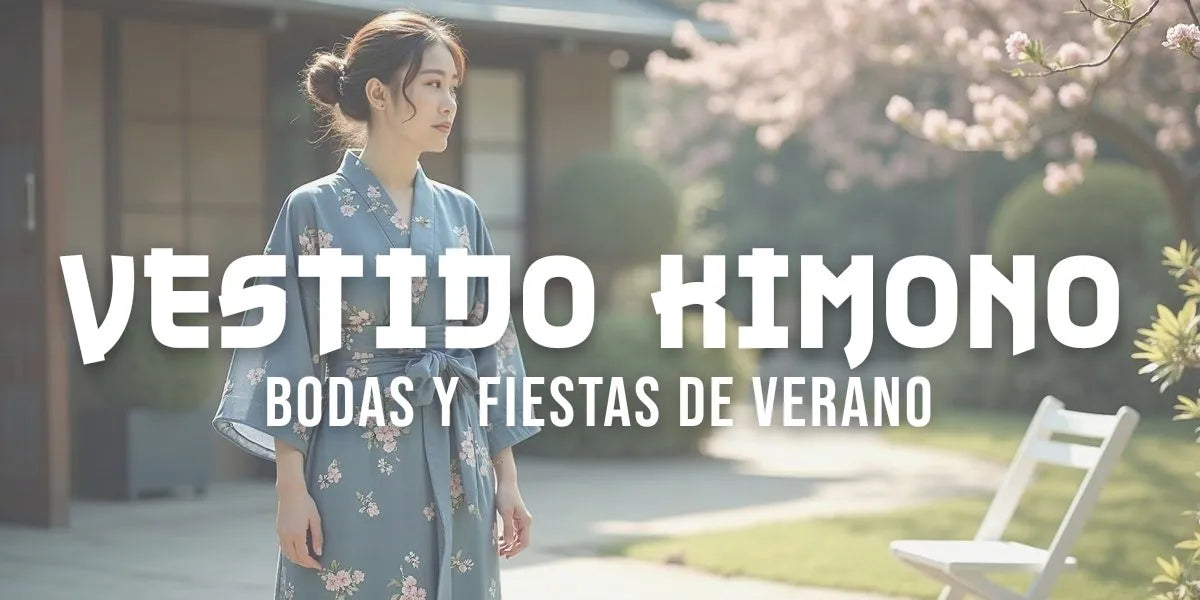Invitada de boda con un vestido kimono largo azul indigo de estampado floral pequeno, de pie en el jardin donde se celebra el banquete