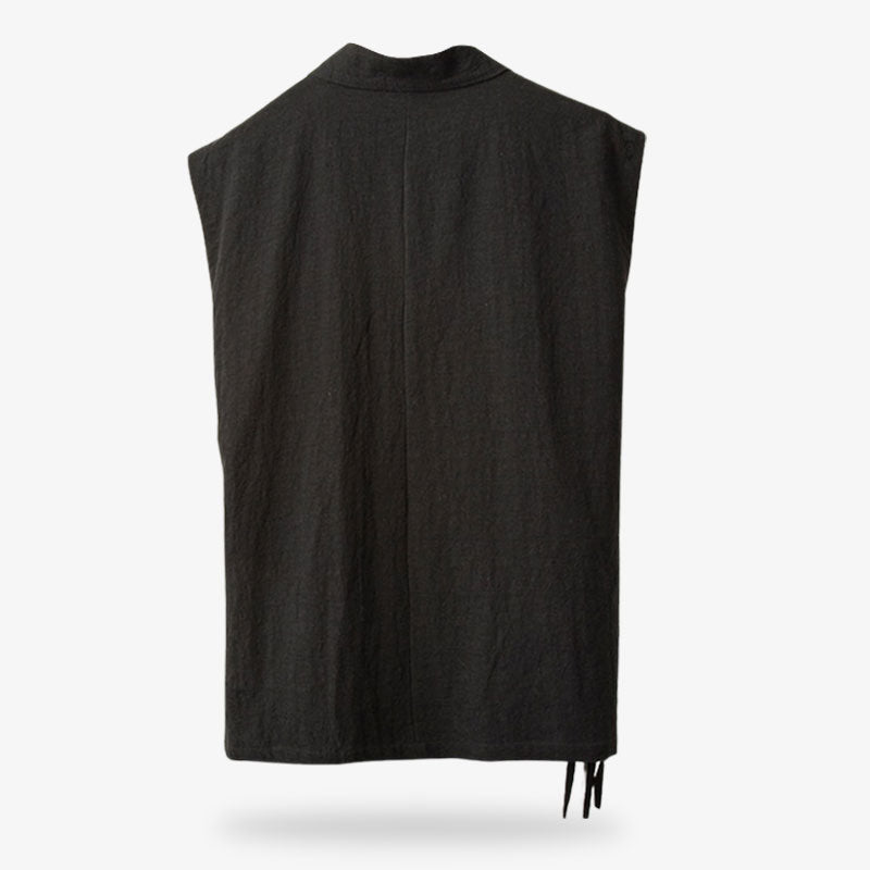 Camiseta vintage japonesa confeccionada con tejido de lino y algodón. Camiseta japonesa negra sin mangas