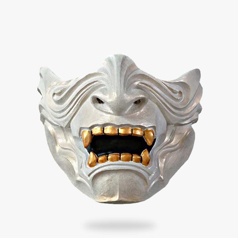 Este Dragon máscara japonesa de samurái representa el rostro de un demonio oni. Es la máscara del guerrero japonés. El mempo está hecho con colmillos y dientes de monstruo.