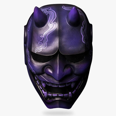 La Mascara Oni Azul de demonio esta pintade a mano. La máscara japonesa es el rostro de un demonio oni con cuernos y dientes.