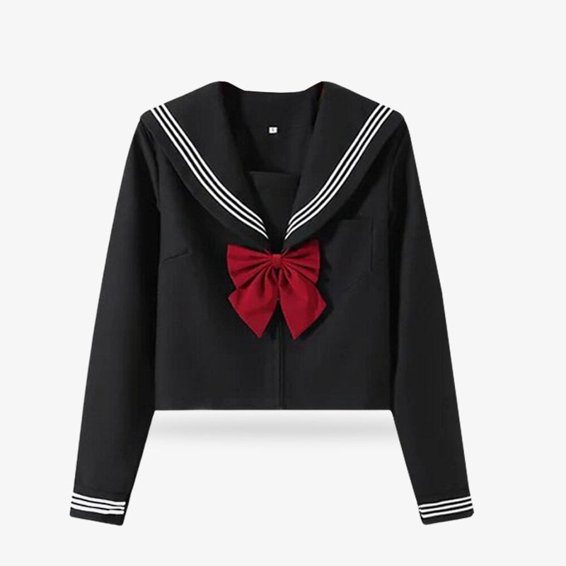 Un disfraz de Sailor Fuku Cosplay negro de uniforme marinero japonés de colegiala con una cinta roja y rayas blancas.