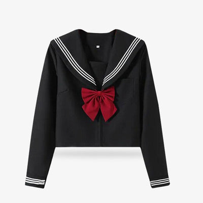 Un disfraz de Sailor Fuku Cosplay negro de uniforme marinero japonés de colegiala con una cinta roja y rayas blancas.