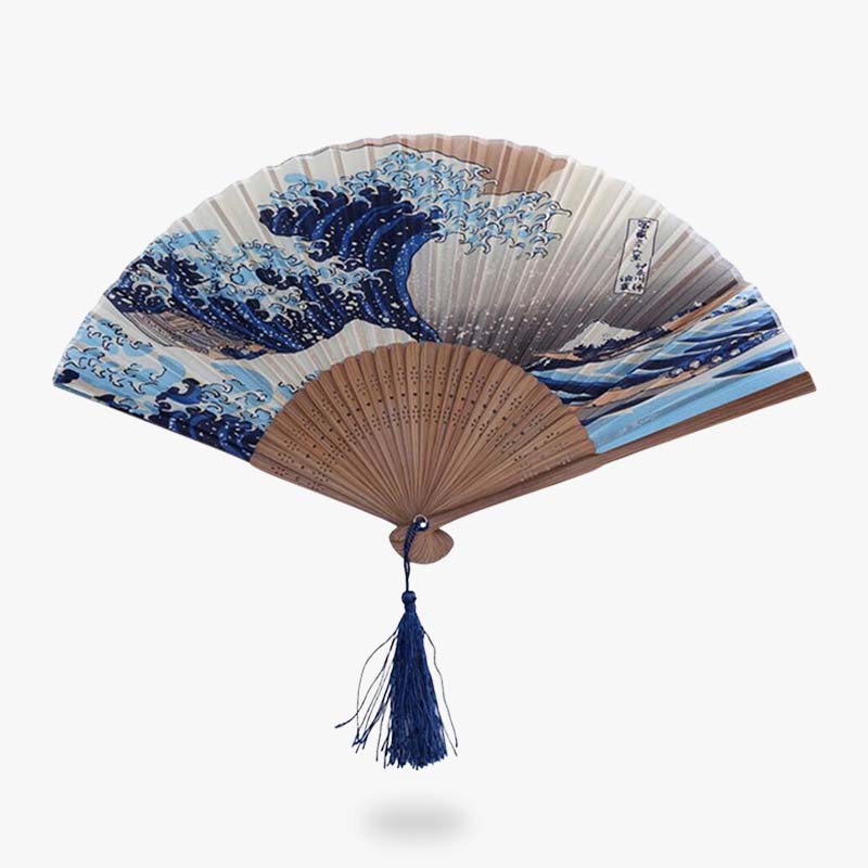 Abanico japonés Sensu de bambú con la Gran Ola de Kanagawa de Hokusai