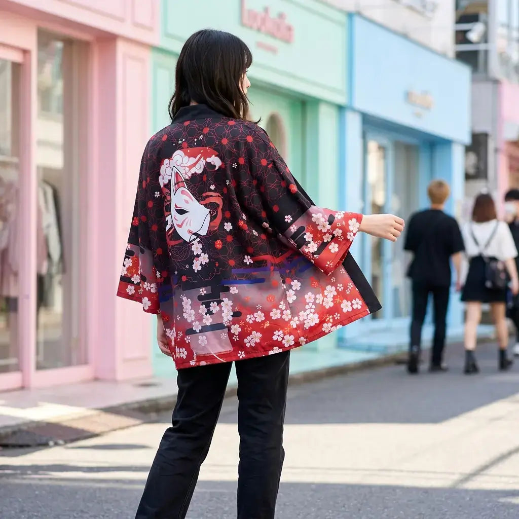 Abrigo Kimono Mujer llevado por una mujer en una habitación japonesa tradicional