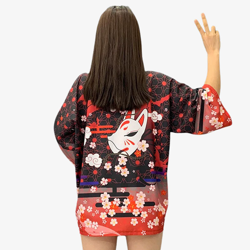 Abrigo kimono mujer con estampado de máscara kitsune