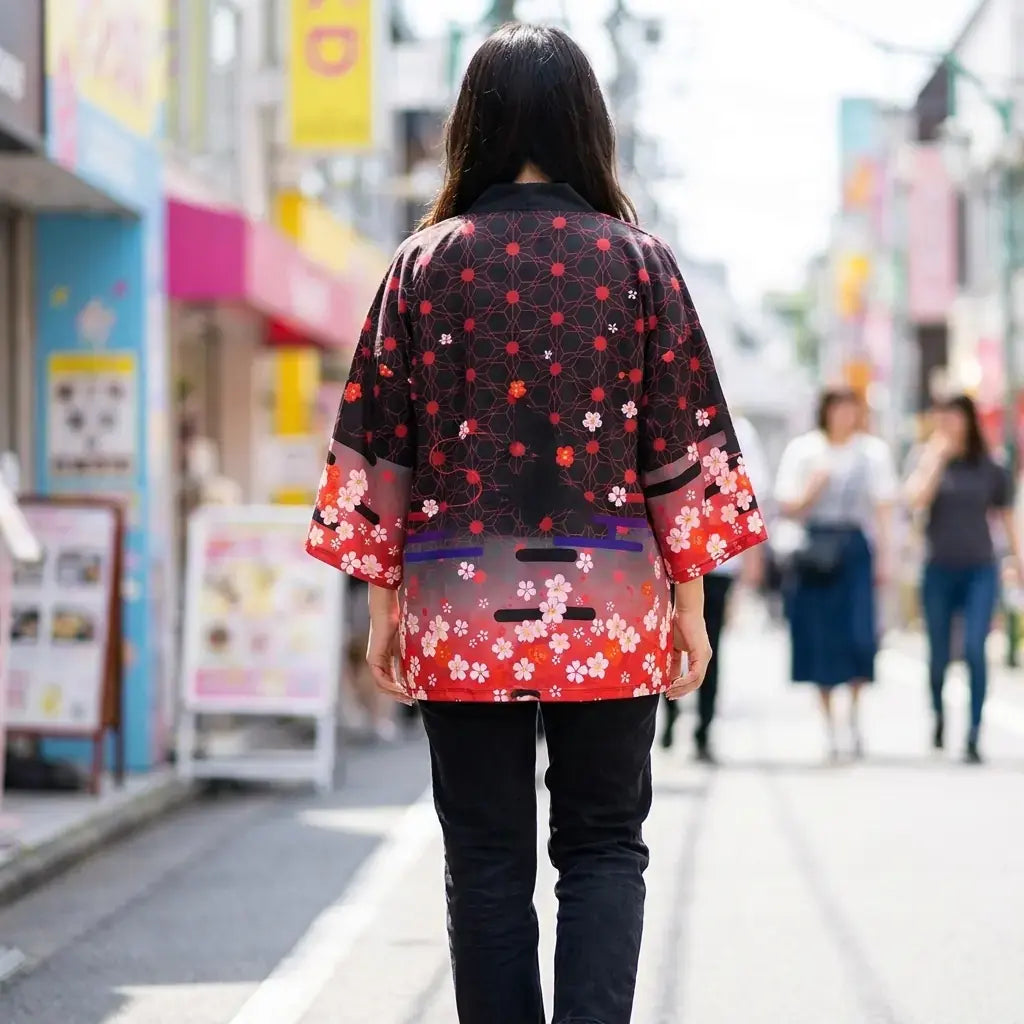 Abrigo Kimono Mujer llevado por un hombre en una habitación japonesa tradicional, vista frontal