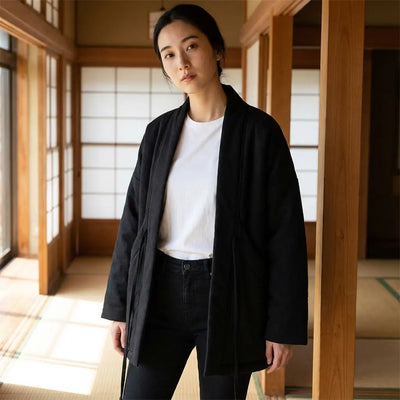 Abrigo kimono negro para mujer con cinturón obi