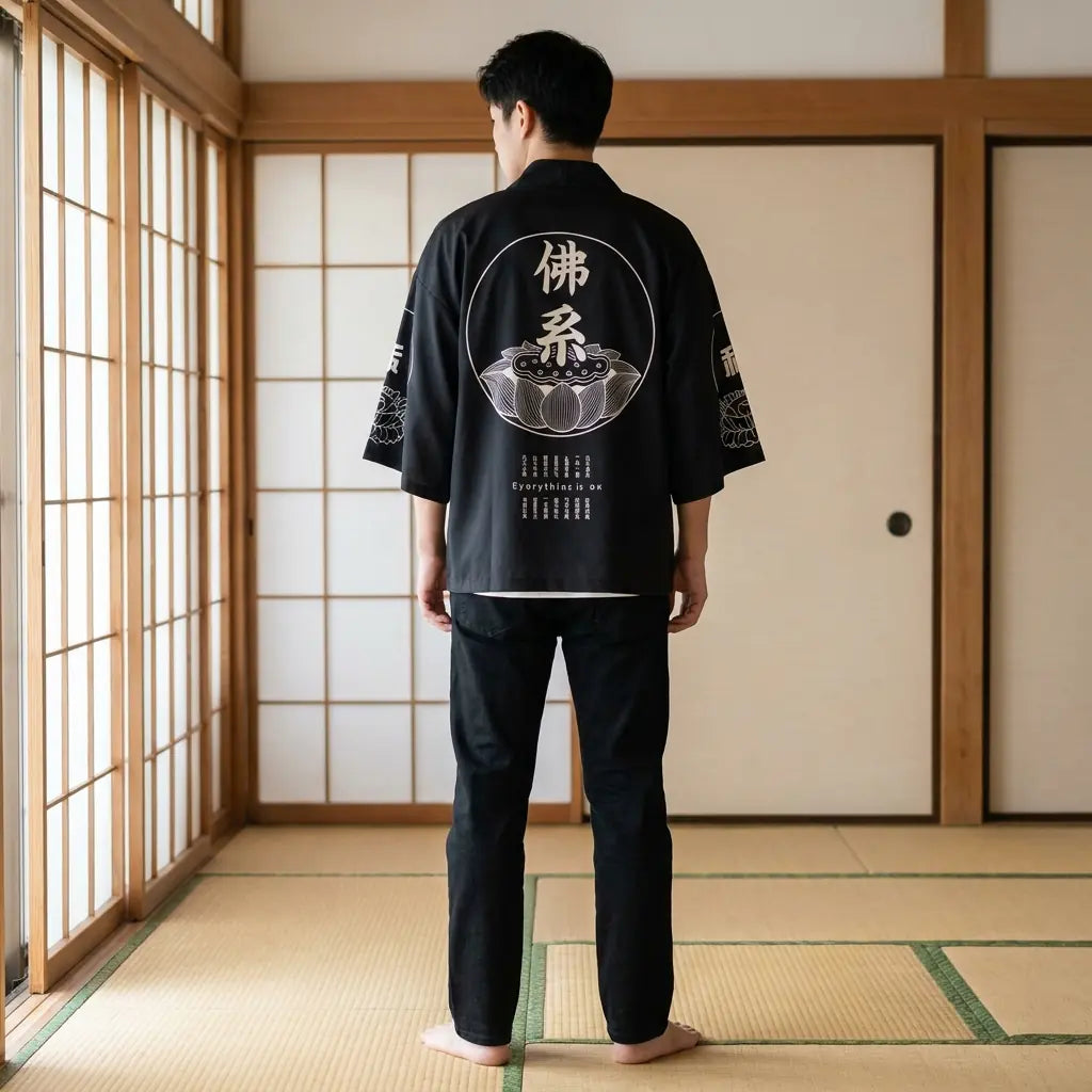 Vista trasera de un abrigo kimono mostrando el diseño completo de la espalda