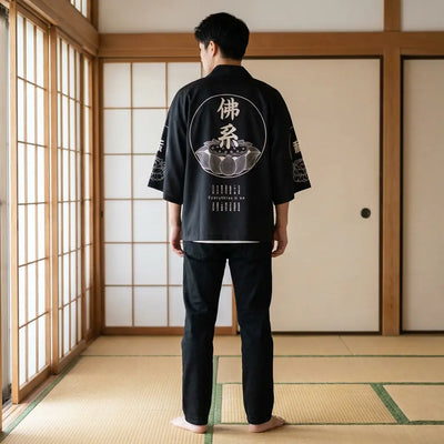 Vista trasera de un abrigo kimono mostrando el diseño completo de la espalda