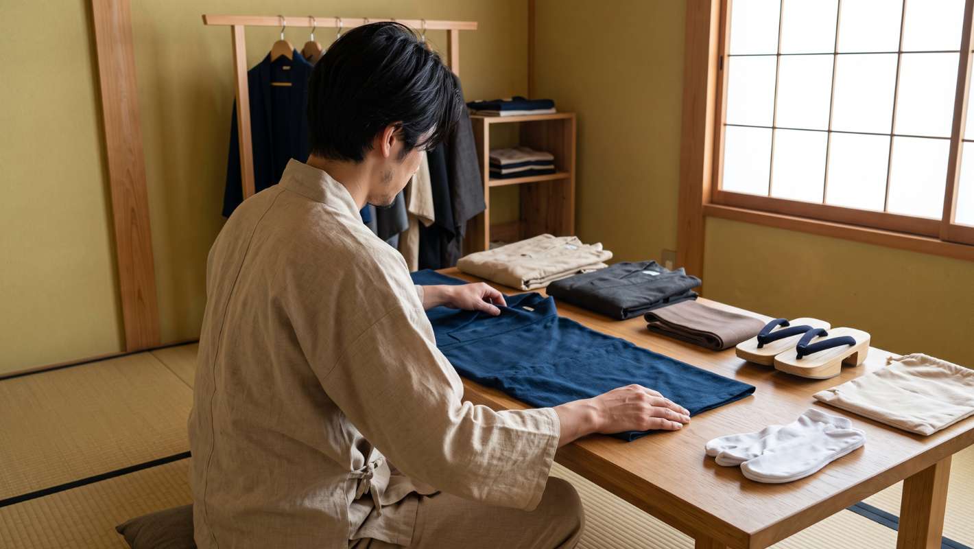 Artesano japonés trabajando una prenda tradicional