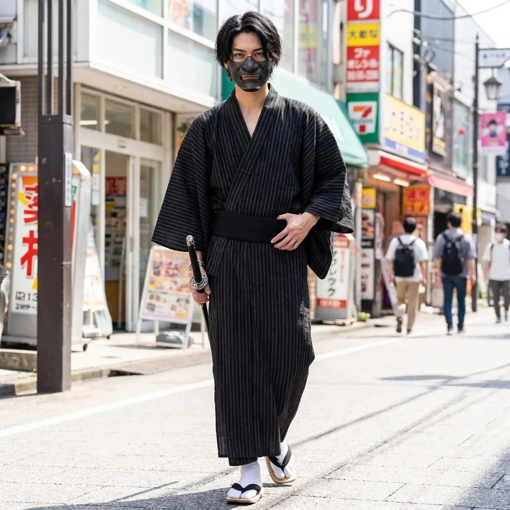 Atuendo tradicional japones para hombre visto de frente