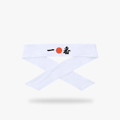 Bandana japonesa hachimaki ichiban con kanji y círculo rojo, símbolo del país del sol naciente, con patrones intrincados y colores vivos