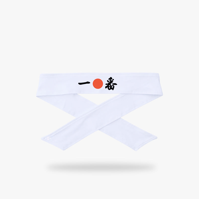 Bandana japonesa hachimaki ichiban con kanji y círculo rojo, símbolo del país del sol naciente, con patrones intrincados y colores vivos