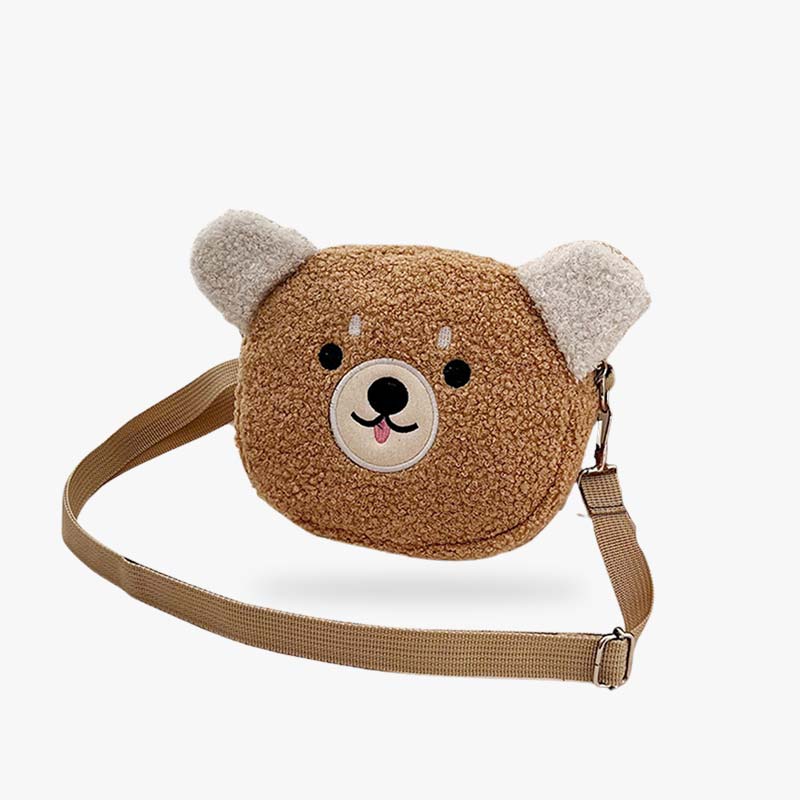 Bolso bandolera kawaii japonés con forma de cabeza de osito en color caqui, de material suave y acolchado