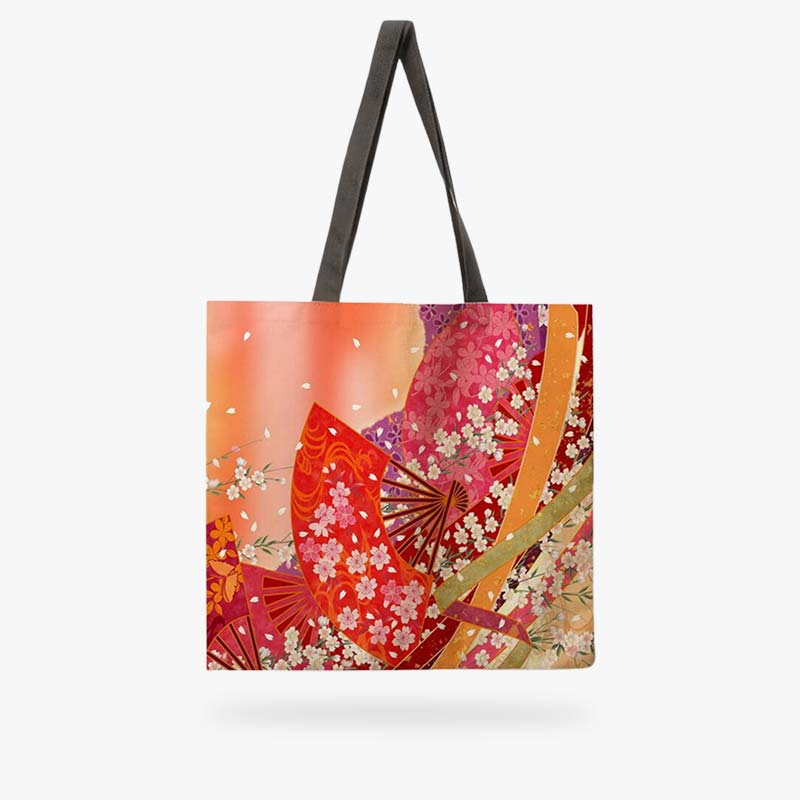 Bolso Harajuku con estampado colorido de flores de sakura y abanico japonés