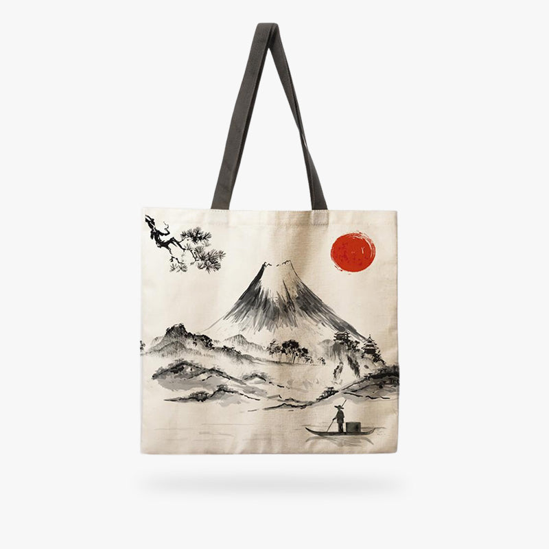 Bolso japonés con estampado ukiyo-e del Monte Fuji y sakura