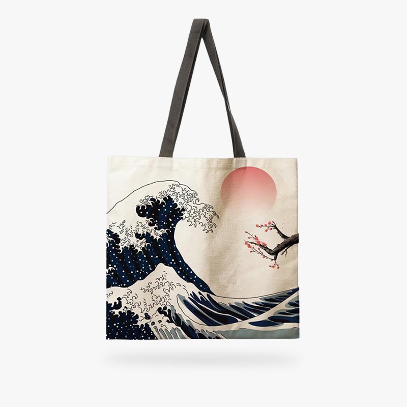 Bolso tote japonés de lino con el motivo de la Gran Ola de Kanagawa de Hokusai