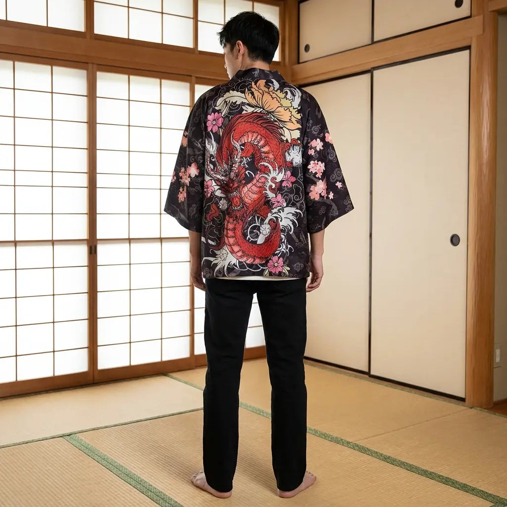 Vista trasera de un haori dragón mostrando el diseño completo de la espalda