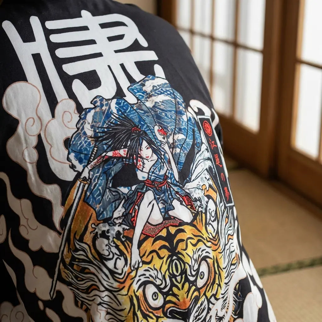 Primer plano del estampado trasero de un haori japonés