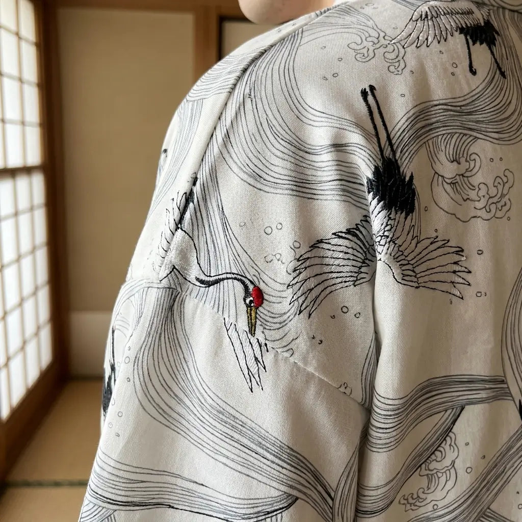 Detalle del bordado trasero de una chaqueta haori