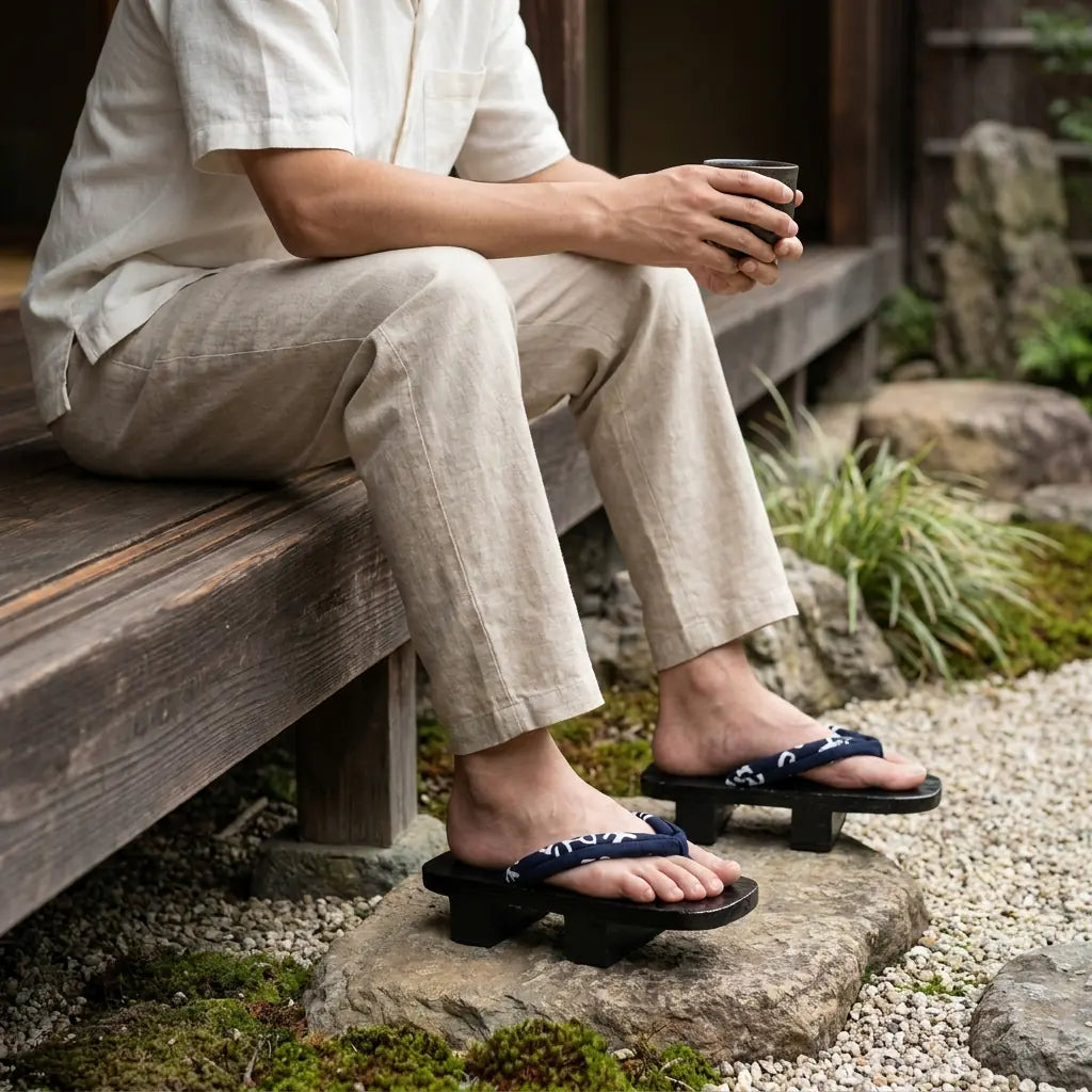 Sandalias geta llevadas con calcetines tabi blancos en camino de piedra