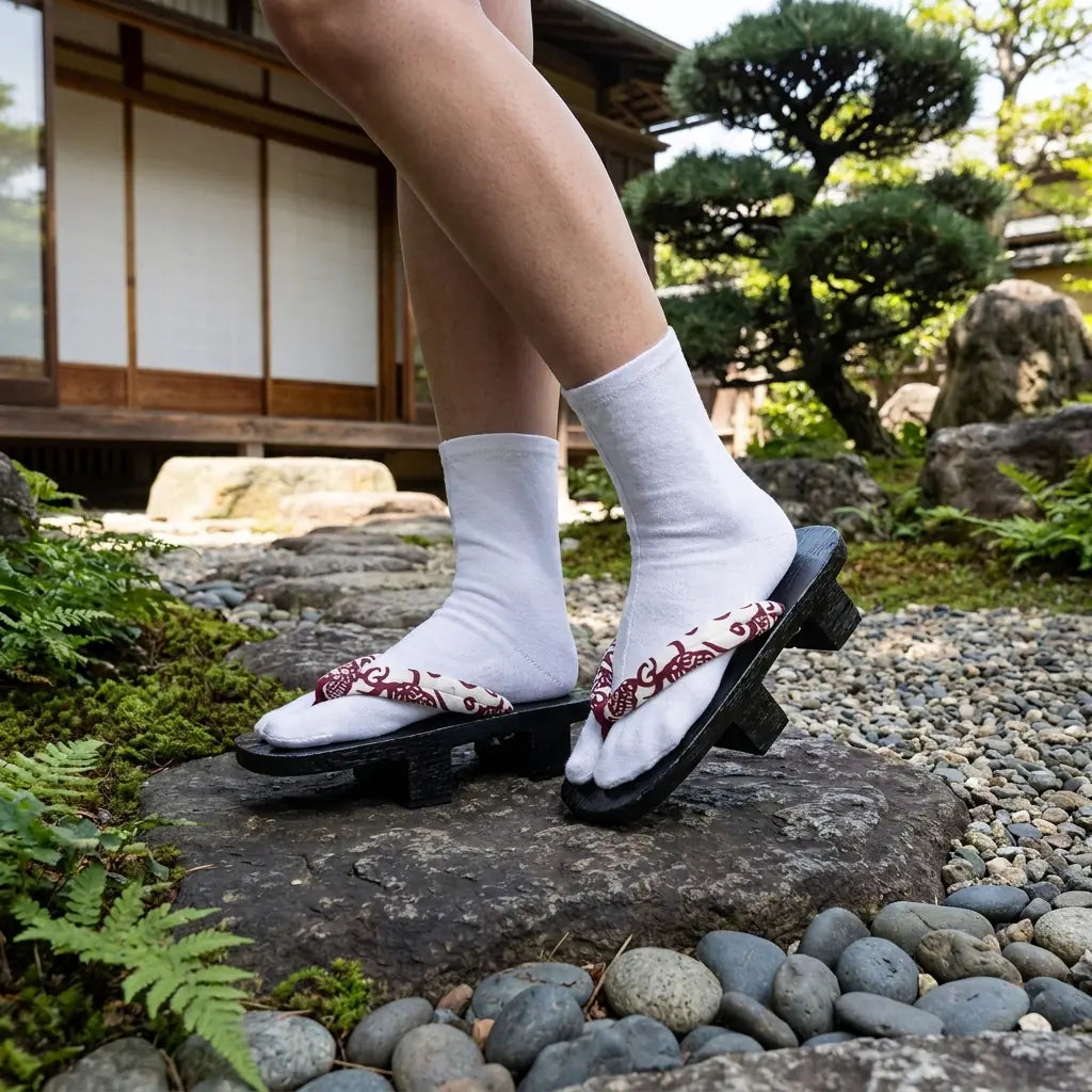 Sandalias geta hanao burdeos y madera oscura en un jardín japonés