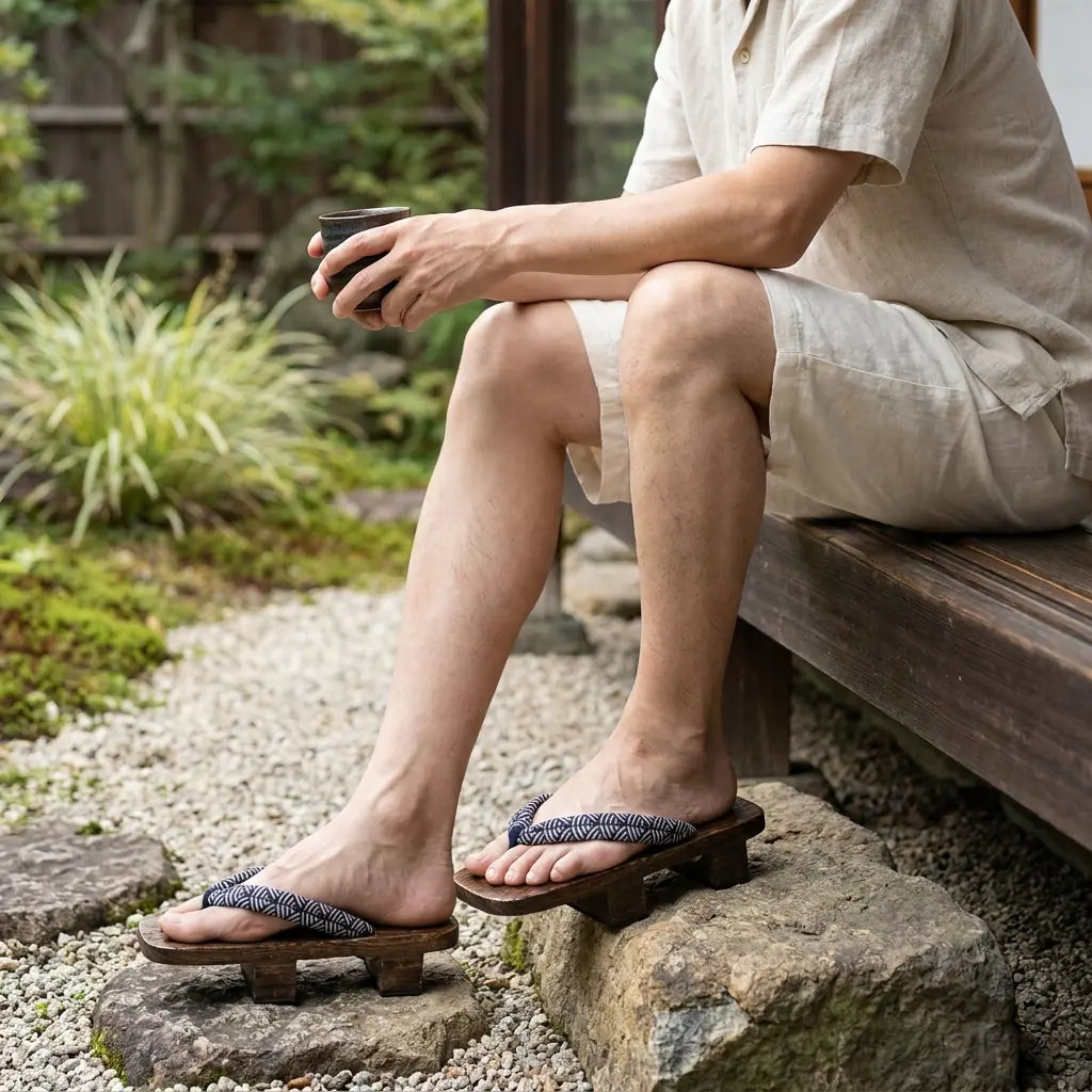 Sandalias Geta Seigaiha llevadas con calcetines tabi blancos al aire libre