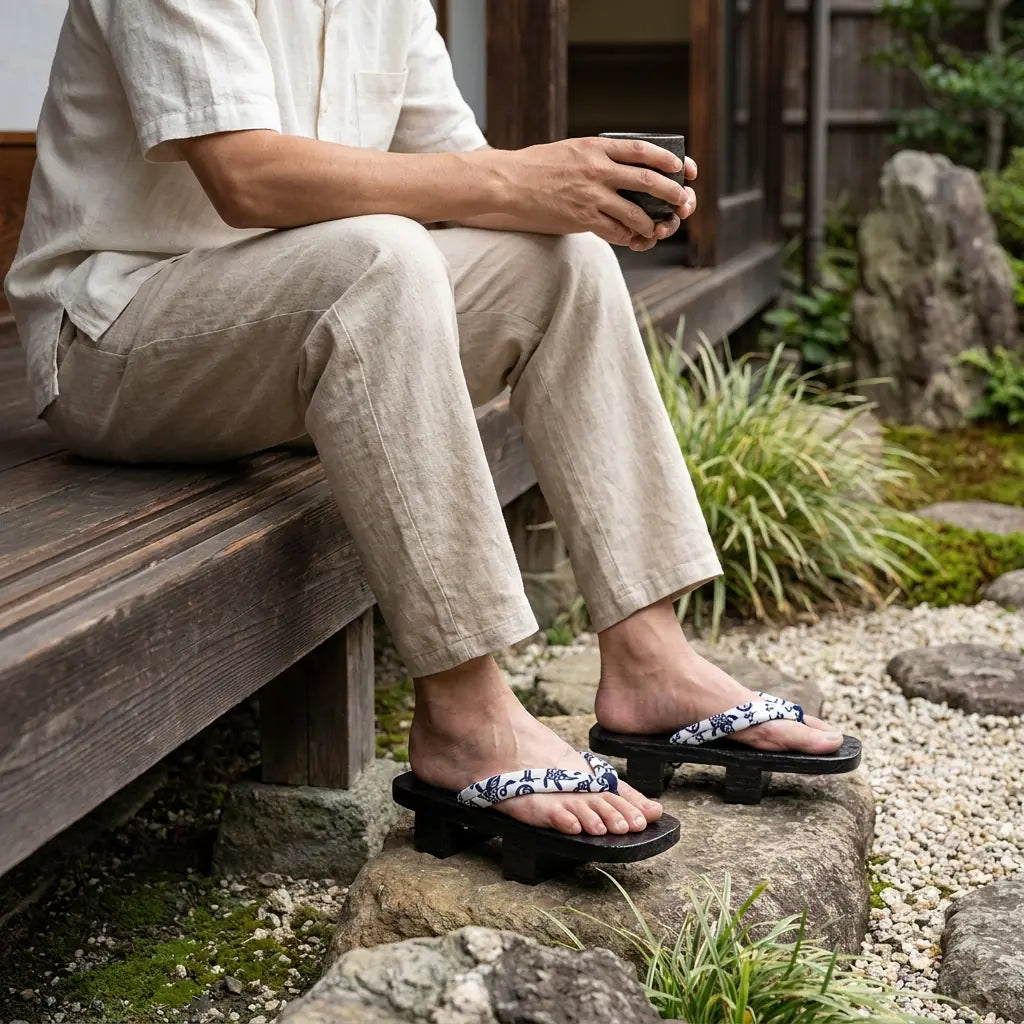 Sandalias geta llevadas con calcetines tabi blancos al aire libre