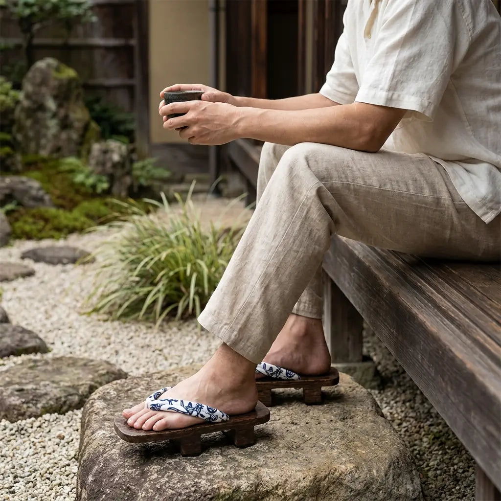Sandalias geta llevadas con calcetines tabi por un hombre sentado en un jardín japonés