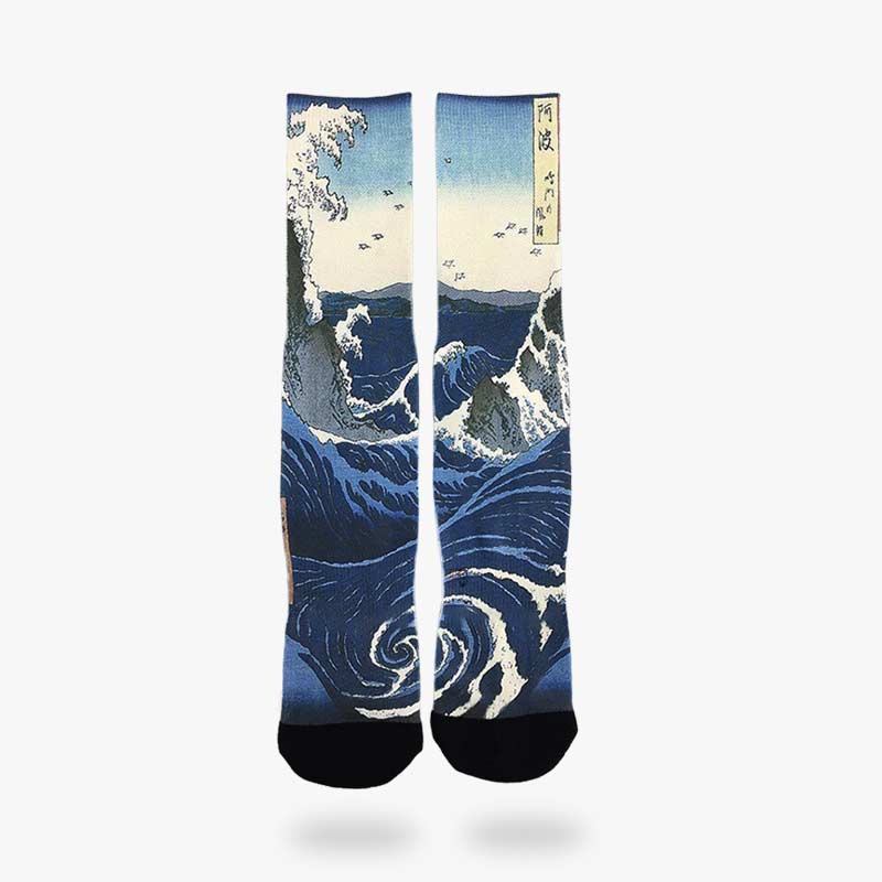 Calcetines tabi azules con estampado de la Gran Ola de Kanagawa de Hokusai en algodón