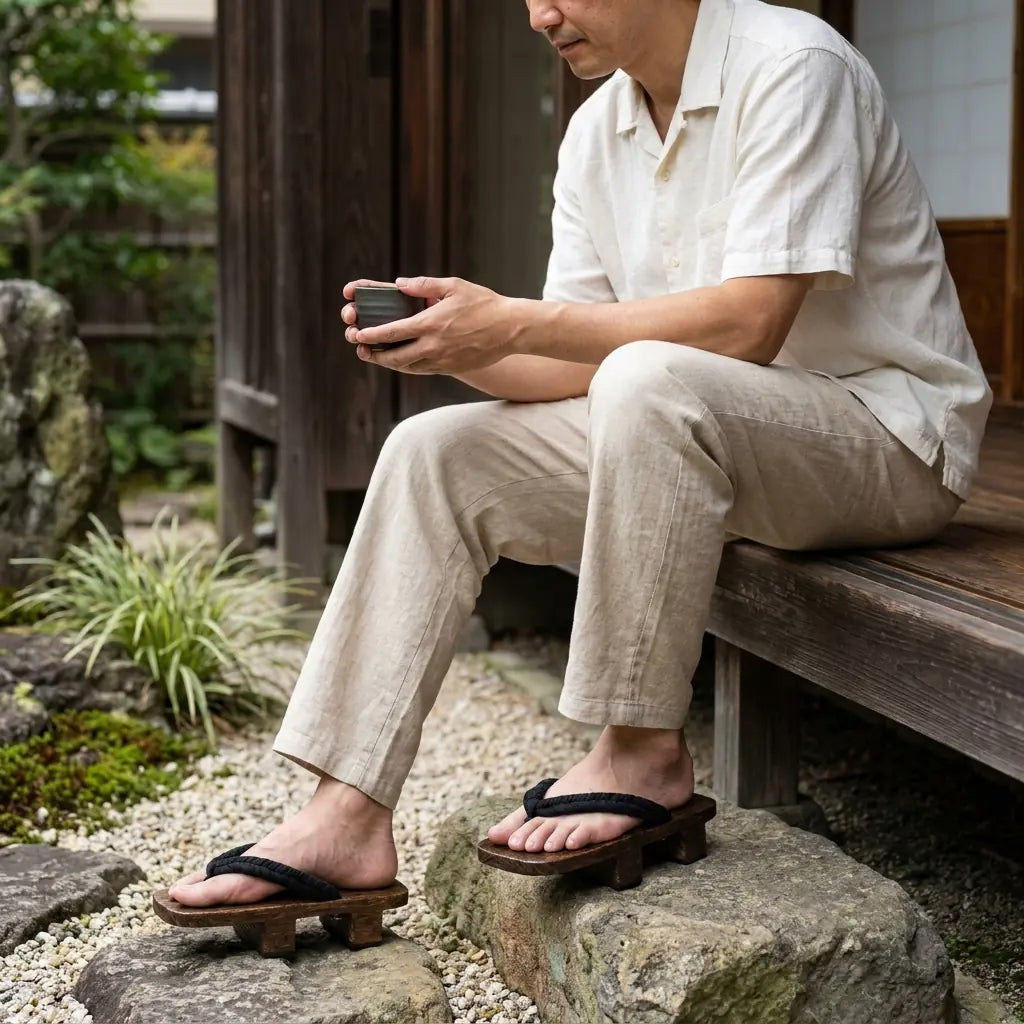 Sandalias geta llevadas con calcetines tabi blancos en un jardín japonés