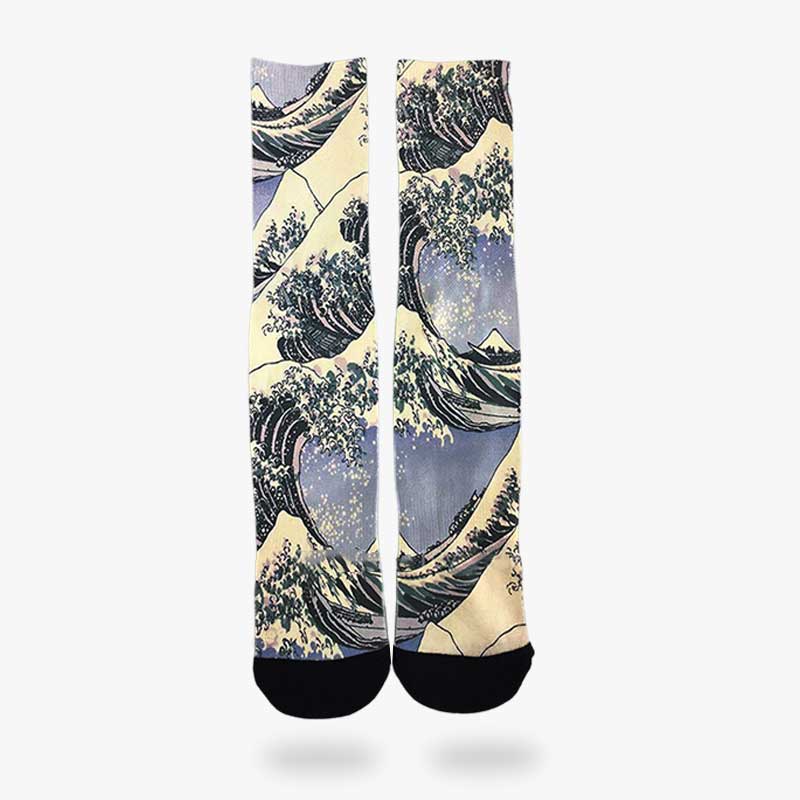 Calcetines tabi Kanagawa azul con estampado de la gran ola de Hokusai