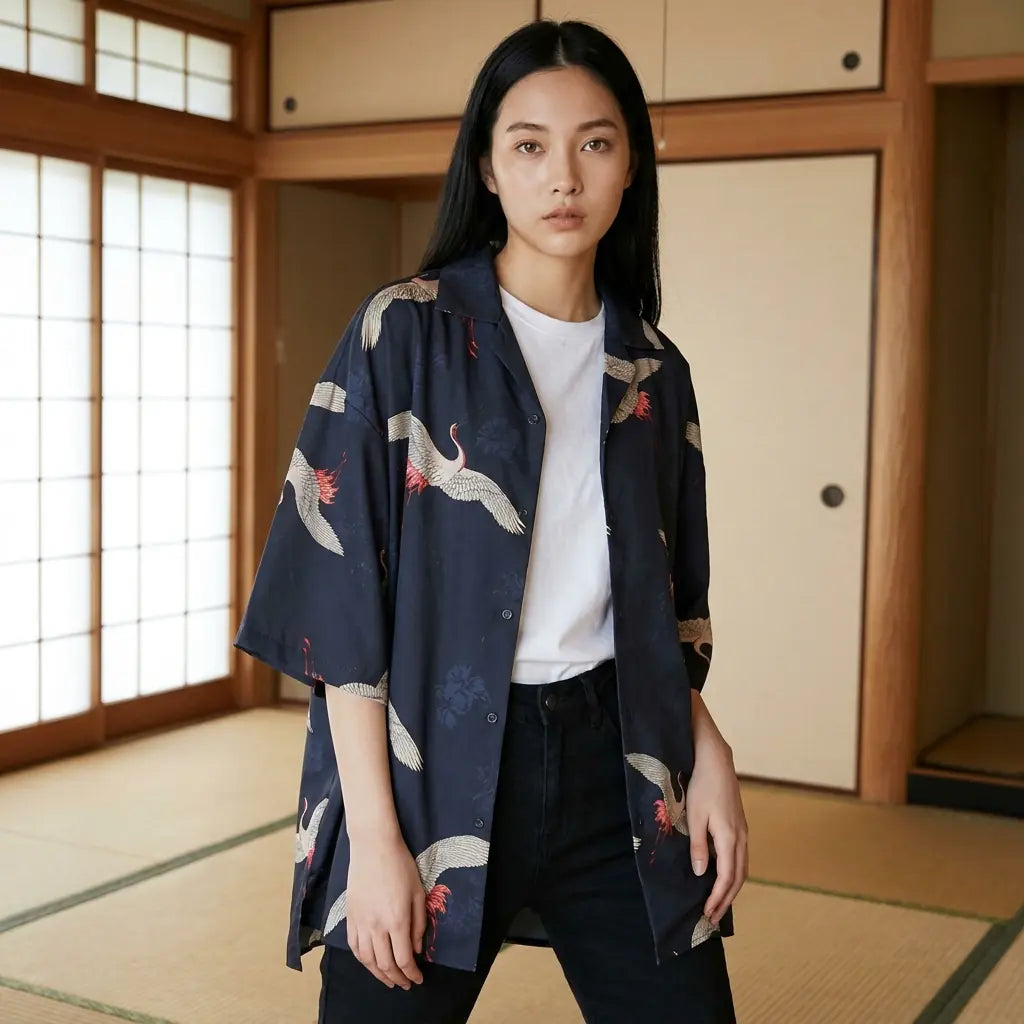 Camisa japonesa con grullas vista de frente, aves volando sobre el pecho