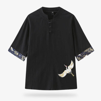 Camisa japonesa negra con grullas tsuru bordadas en algodón