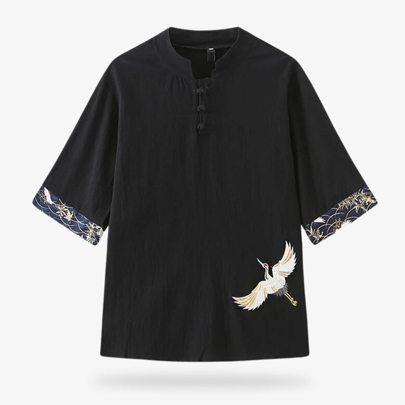 Camisa japonesa negra con grullas tsuru bordadas en algodón