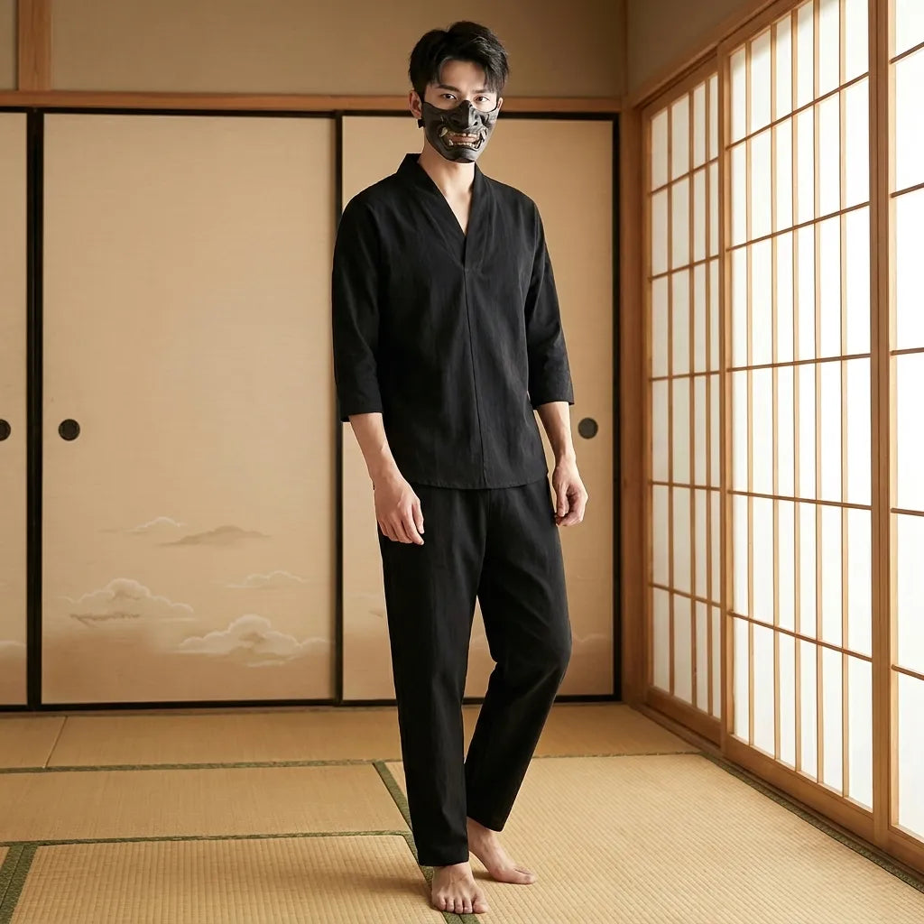 Detalle del cuello de pico de la camisa japonesa negra de lino