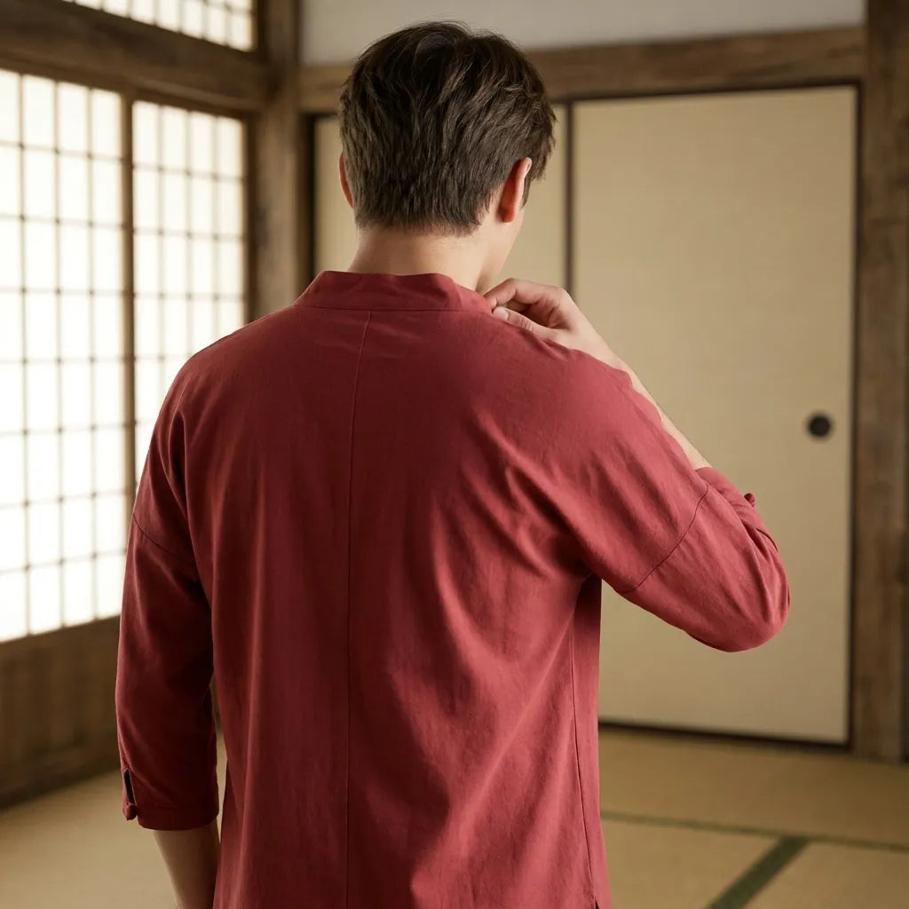 Camisa japonesa roja sin mangas vista trasera