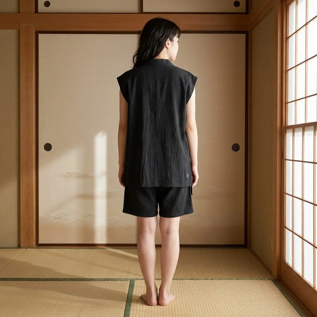 Detalle del cierre lateral de la camisa japonesa negra