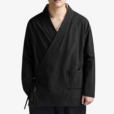 Camisa estilo samue japonés negro para hombre con cierre cruzado y manga larga, simplicidad y artesanía tradicional