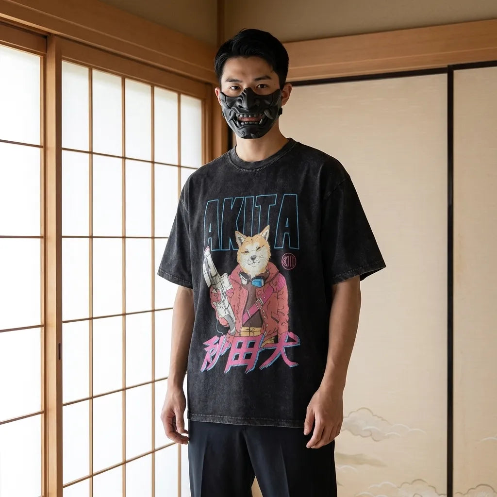 Vista frontal de la camiseta japonesa Akita con estampado estilo Akira