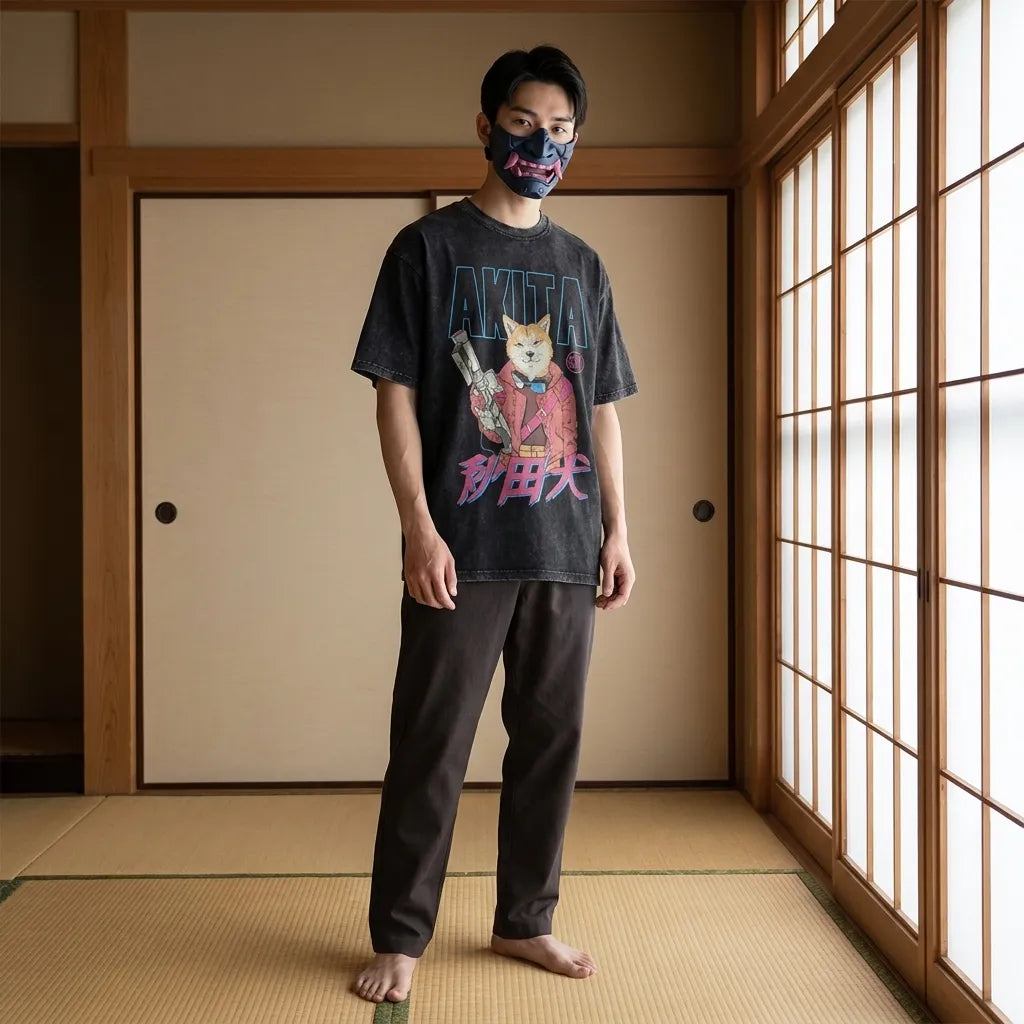Camiseta japonesa Akita, vista frontal en look streetwear