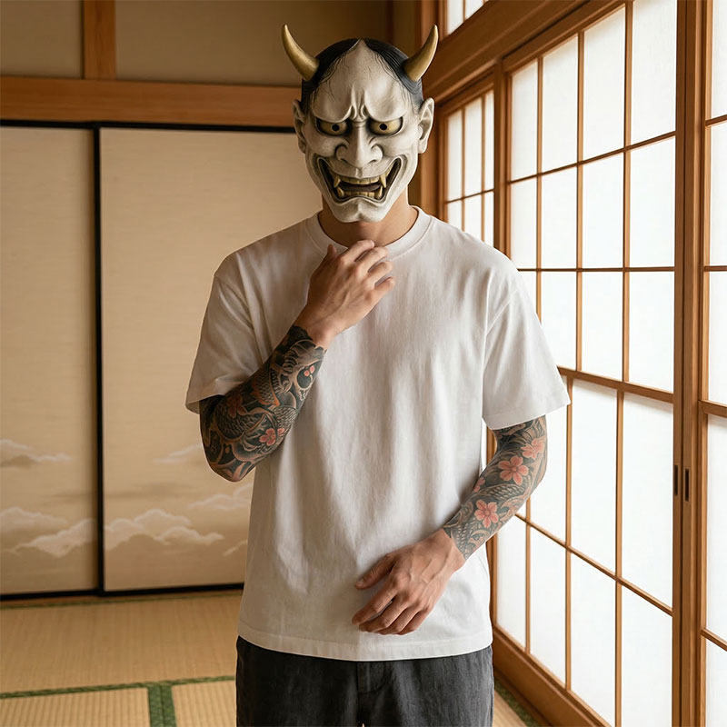 Hombre con máscara oni en una sala washitsu luciendo la camiseta Harajuku Lovers